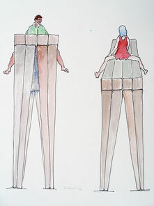 Kinder auf zwei stilisierten Pferden von hinten